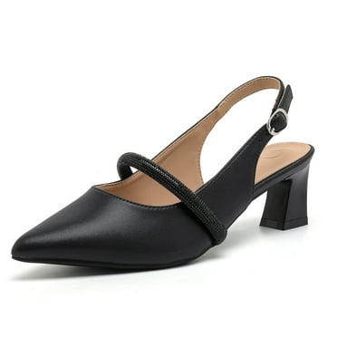 kkdom Womens Chunky Closed Toe Low Block Heels Dress Ankle Strap Pointed Toe Wedding Pump Shoes Black Size 8