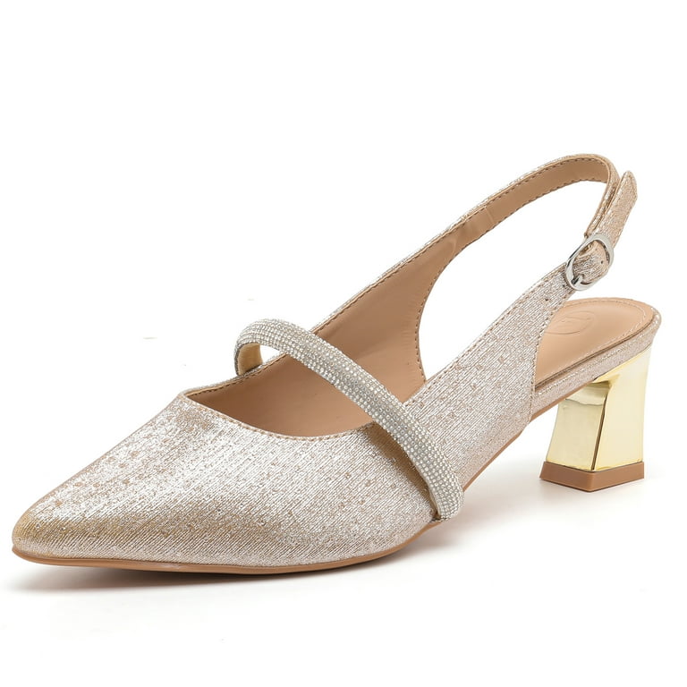 kkdom Womens Chunky Closed Toe Low Block Heels Dress Ankle Strap Pointed Toe Wedding Pump Shoes Gold Size 8.5