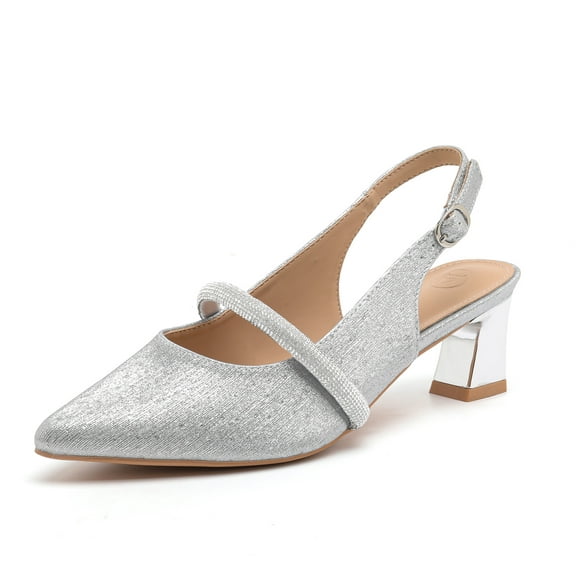 kkdom Womens Chunky Closed Toe Low Block Heels Dress Ankle Strap Pointed Toe Wedding Pump Shoes Silver Size 6.5