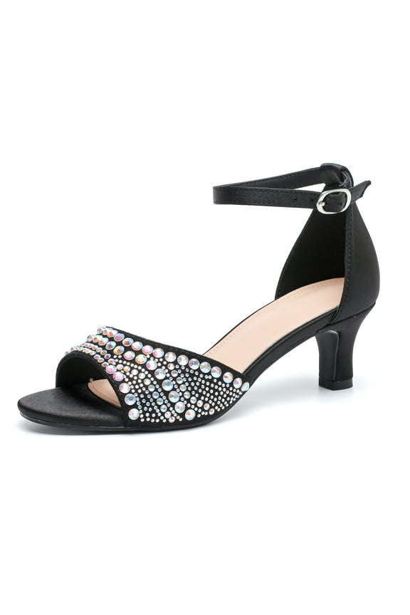 Womens Low Heels Open Toe Rhinestone Dress Heeled Sandals Ankle Strap Chunky Block Short Heel Pumps Shoes for Prom Wedding Party Office