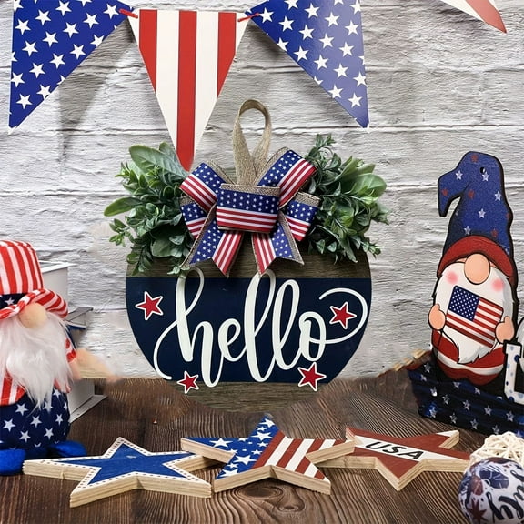 kladzum 4th of July Decorations Welcome Wreath for Front Door, Red White and Blue Wooden Sign, Wall Hanging Decorations Festival Celebration Hanging Board, Memorial Day Porch Home Wall Outside Decor