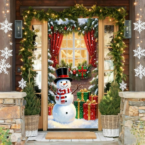 Christmas Door Cover Snowman Background Decorative Door Curtain Exquisite Christmas Door Covers for Living Room, Bedroom, Yard, Entrance Door, Xmas Holiday Decorations