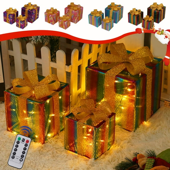 kladzum Christmas Lights Box Remote Control Set Of 3 LED Lights Gift Boxes Decoration Outdoor Christmas Boxes Light Christmas Decorations for Living Room, Xmas Tree, Yard, Terrace