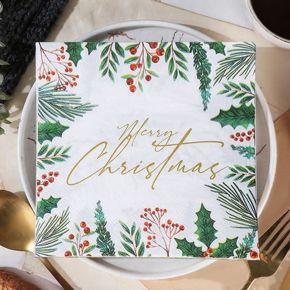 kladzum Christmas Napkins Xmas Berries and Pines Needles Paper Napkins Doubles Sided Print Merry Christmas Kitchen Guest Napkins for Xmas Party Supplies 20 Pcs Xmas Party Decorations
