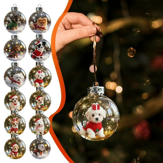 kladzum Christmas Ornaments - Cute Small Dog Snowflake Personalized Transparent Christmas Balls, Shatterproof Xmas Tree Hanging Decorations Pendants Holiday Party Decor Gifts