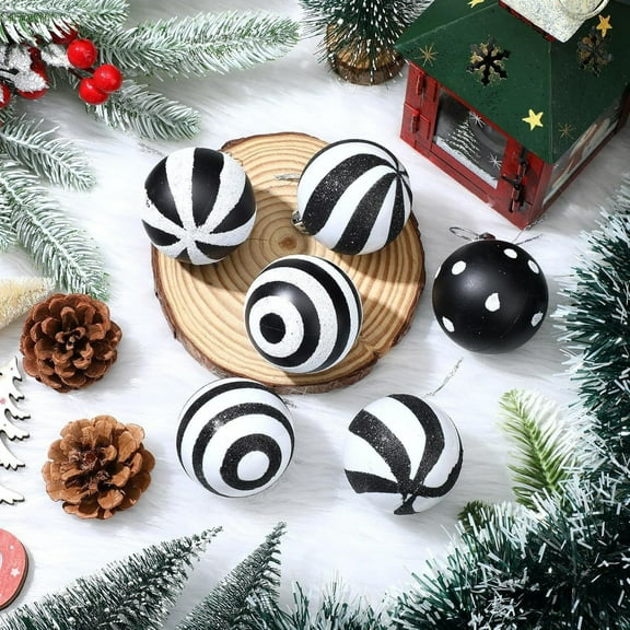kladzum Christmas Ornaments Set 24pc Mini Christmas Balls Classic Black White Ornament Ball, Shatterproof Christmas Tree Decorations for Holiday Party, Wall, Door, Window, Tree