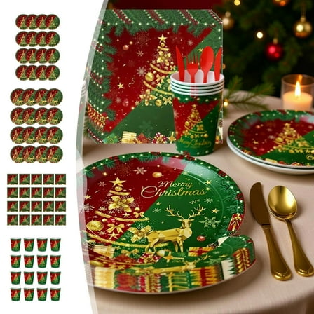 kladzum Christmas Party Tableware 16pc Disposable Plates 7-inch Christmas Paper Plates Set, Party-Themed Paper Plates Set for Kitchen Dinner Table, Holiday Party Decor