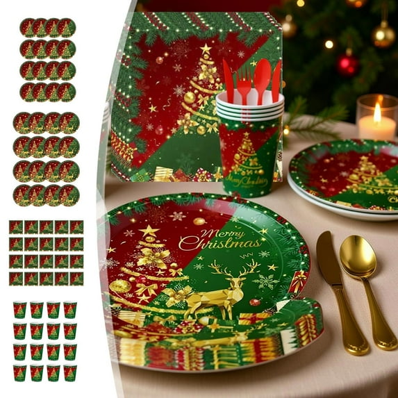 kladzum Christmas Party Tableware 16pc Disposable Plates 7-inch Christmas Paper Plates Set, Party-Themed Paper Plates Set for Kitchen Dinner Table, Holiday Party Decor