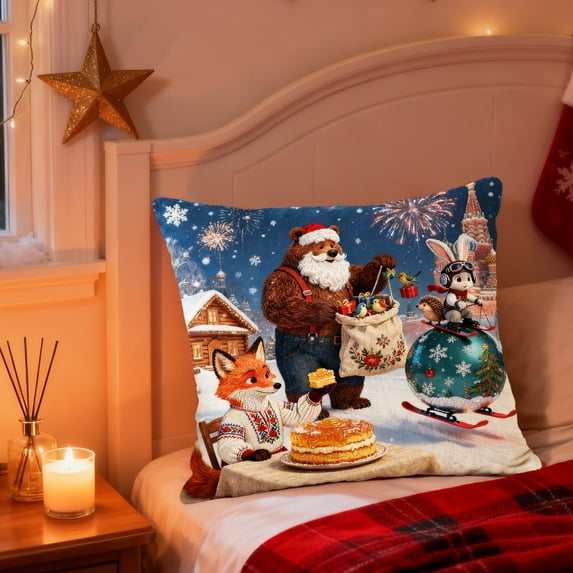 kladzum Christmas Pillow Covers 18x18 Inches, Festive Decorative Print Linen Throw Pillow Covers with Cute Animals, Exquisite Graphic Pillow Cases for Sofa, Bed, Couch, Home Room Decor