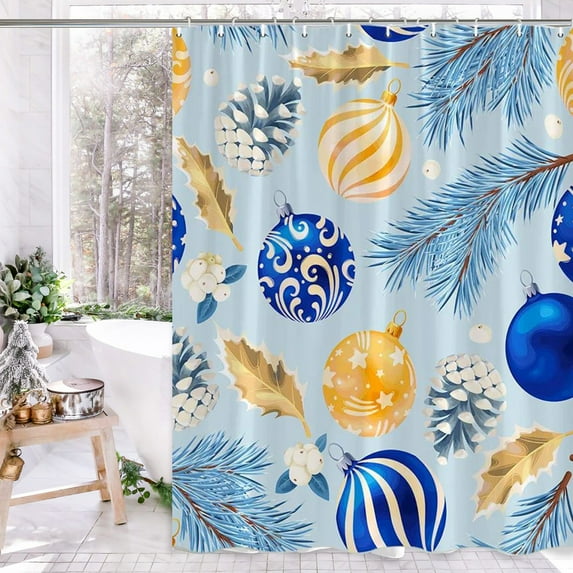 kladzum Christmas Shower Curtain Set, Xmas Ball Decoration Waterproof Shower Curtains with 12 Hanging Rings Colorful Balls Shower Curtain Liner 71"x71" for Bathroom, Shower Room, Kitchen