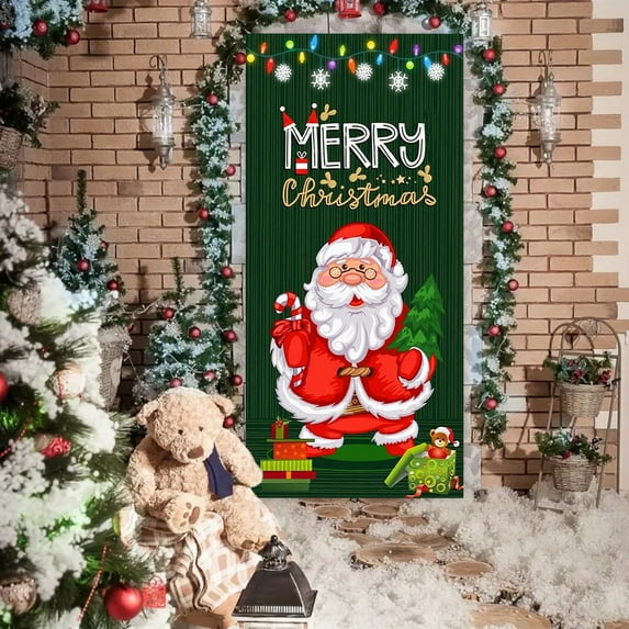 kladzum Cute Santa Claus Christmas Door Cover 72.8"x35.4" Printed Fabric Door Curtain Christmas Decorations Background Door Covers Holiday Party Decor