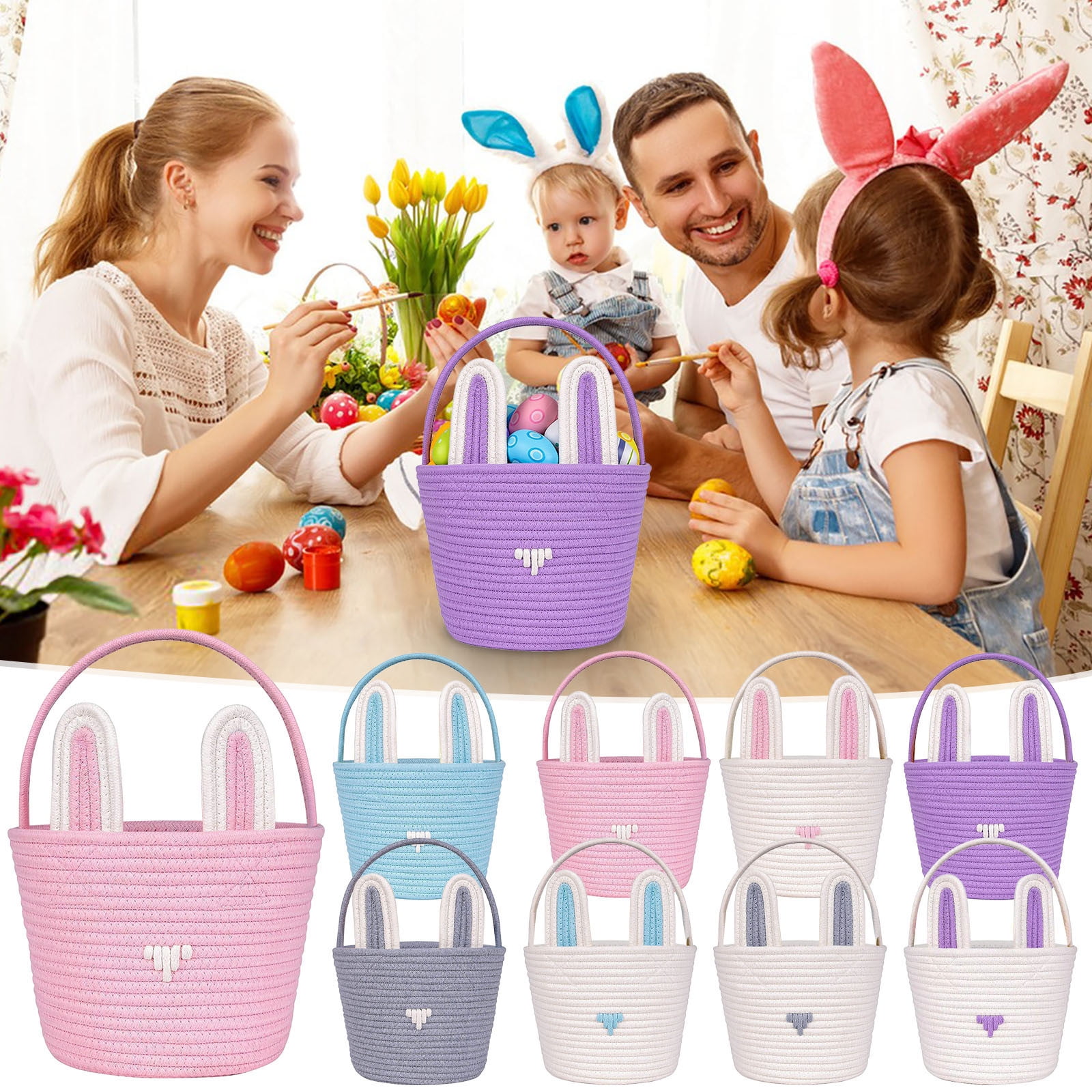 kladzum Easter Basket with Handle Kids Bunny Easter Baskets Easter Bunny Bucket Tote for Easter Eggs Hunts Decorations Candy Gifts Storage Basket