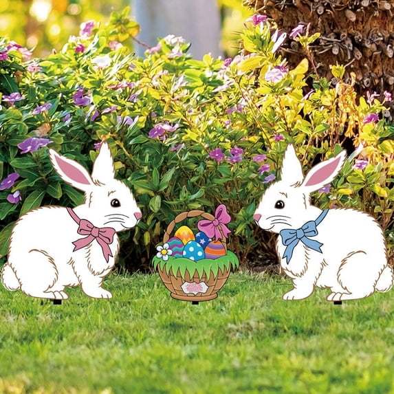 kladzum Easter Decorations, 3pc Easter Acrylic Bunny Decorative Garden Stakes for Easter Decor, Welcome Rabbits Happy Easter Yard Sign for Home Outside Garden Front Door Porch Spring Decorations