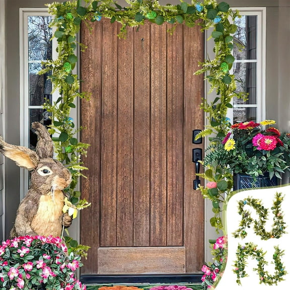 kladzum Easter Garland 70.87in Artificial Garland with Easter Eggs Spring Simulation Rattan Wall Hanging Ornaments Easter Wreath for Front Door Kitchen Fireplace Home Indoor Outdoor Decor