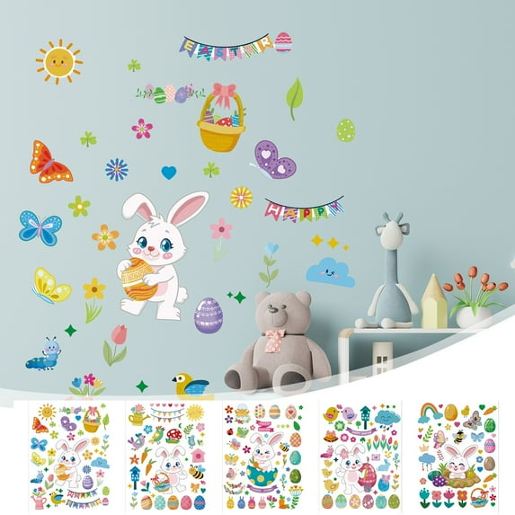 kladzum Easter Wall Stickers for Wall Decoration Easter Window Stickers Easter Bunny Eggs Radish Combo Bedroom Living Room Removable Stickers Wall Decal for Home School Office Party Supplies
