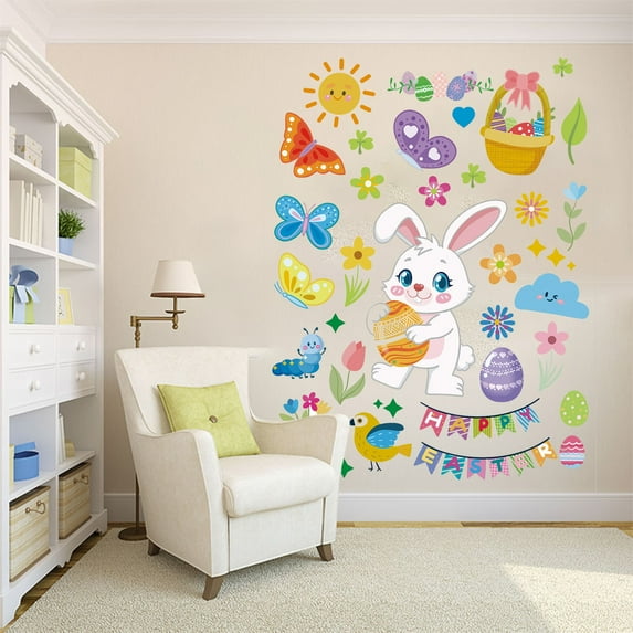 kladzum Easter Wall Stickers for Wall Decoration Easter Window Stickers Easter Bunny Eggs Radish Combo Bedroom Living Room Removable Stickers Wall Decal for Home School Office Party Supplies