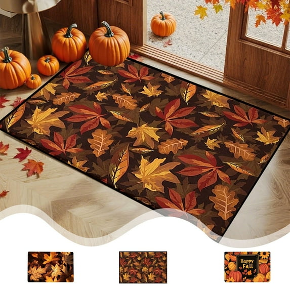 kladzum Fall Decor Floor Mats Pumpkin Maple Leaves Door Mat 23.6"x15.7" Nonslip Kitchen Mats for Floor, Porch Carpet Entrance Foot Mat, Halloween Thanksgiving Decorative Rug for Home