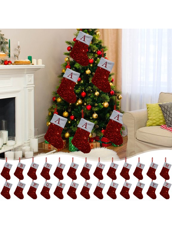 Glitter Christmas Stockings 7.8" Christmas Decorations Wool Hosiery with Sequin Embroidered Letter Christmas Socks Candy Gift Bag Xmas Tree Ornaments Christmas Stocking Holiday Party Gifts