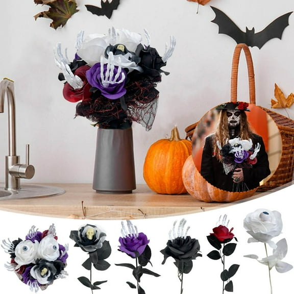 kladzum Halloween Branches Fake Flowers Halloween Simulation Bouquet Hand Bones Eyes Skeletons Simulation Roses Terrifying Decoration Props