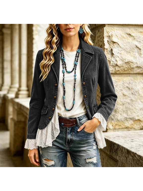 Jean Jacket Women Plus Size Lapel Collar Boho Denim Jacket Vintage Fashion Lace Patchwork Long Sleeve Fall Outwear, S-3XL