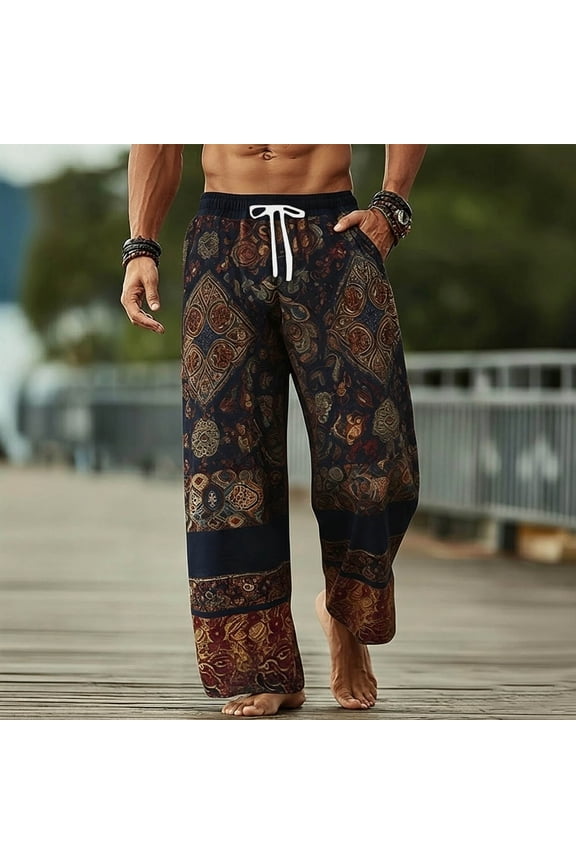 Pants for Men Drawstring Elastic Waist Straight Loose Boho Beach Vacation Casual Pants with Pockets, S-5XL