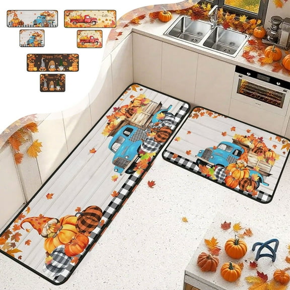 kladzum Pumpkin Maple Leaf Floor Mats 2 Piece Set, Nonslip Kitchen Rugs Halloween Thanksgiving Decorative Kitchen Mats for Floor, Porch Carpet Foot Mat, Home Room Fall Decor