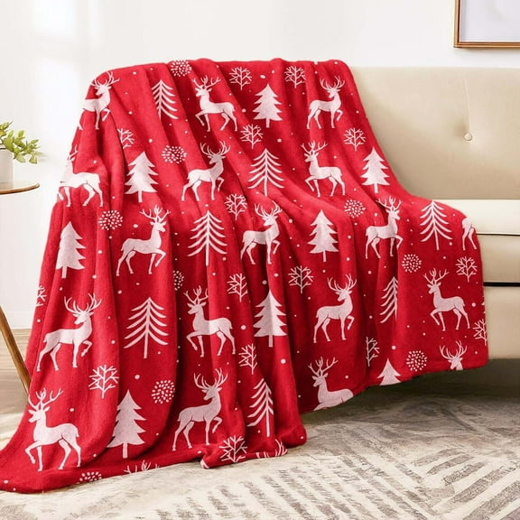 kladzum Red Reindeer And Trees Christmas Blanket Red Print Soft Warm Nap Blanket Suitable for Sofa Bed Camping Festival 39.37x51.18in