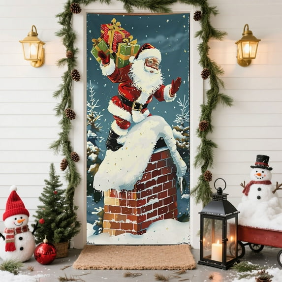 Santa Claus Door Cover 6.7x3 Ft Xmas Party Atmospheres Backdrops Versatile Door Curtains Holiday Decoration Gifts Christmas Door Covers for Doors, Wall, Windows