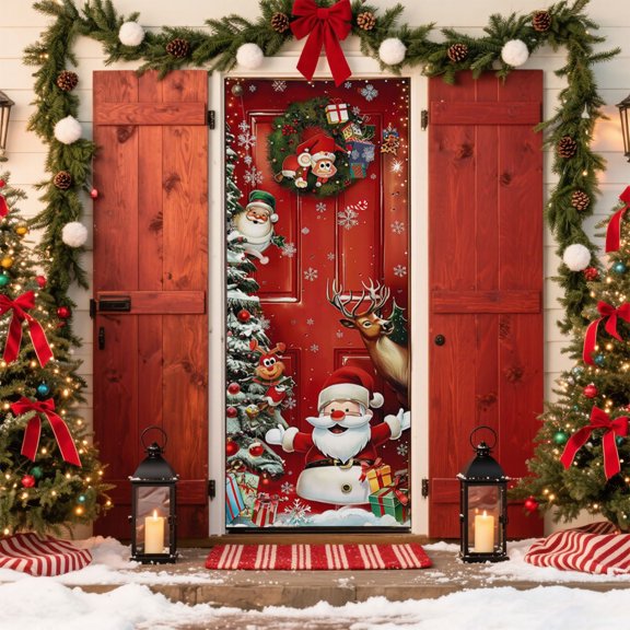 Super Cute Christmas Door Cover 6.7x3 Ft Decorative Door Curtain Flag Atmospheres Backdrops Hanging Fabric Door Covers Christmas Decorations Holiday Gifts