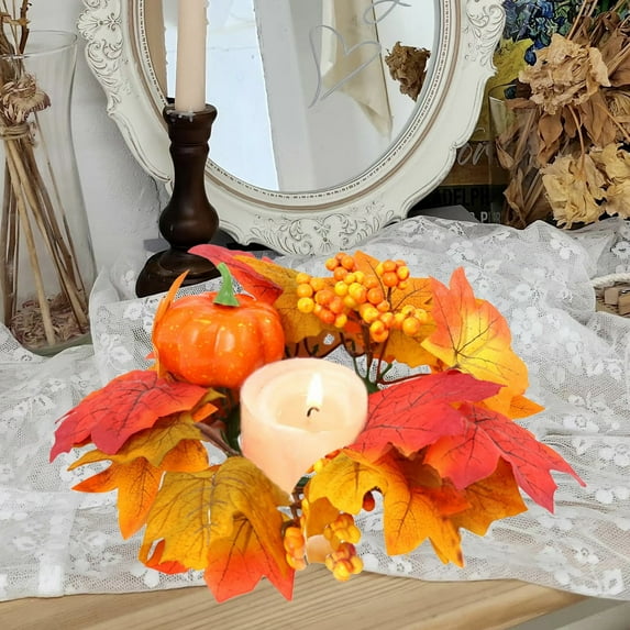 kladzum Thanksgiving Candle Rings, Maple Leaf Halloween Festival Pumpkin Berry Table Decoration Candlestick Garland Thanksgiving Decorations