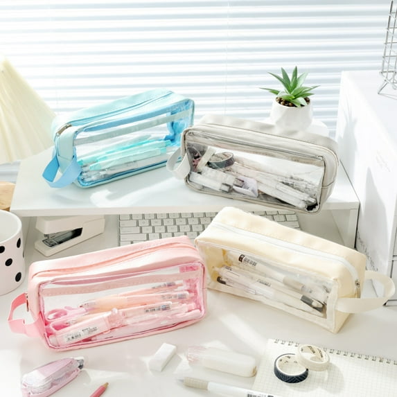 kladzum Transparent Pencil Case with Handle and Zipper, Large Capacity Visible Pencil Pouch, Clear Travel Makeup Bag, Cute Pen Bag for Adult Office College Supplies
