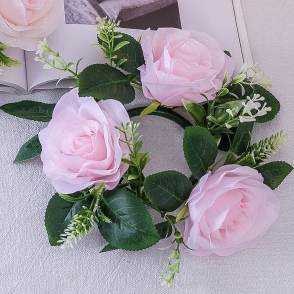kladzum Valentine's Day Rose Candle Rings Wreaths Artificial Flowers Mini Rings Garland Silk Flower Ring Leaf Candle Wreath for Wedding Home Party Table Candlestick Decorations