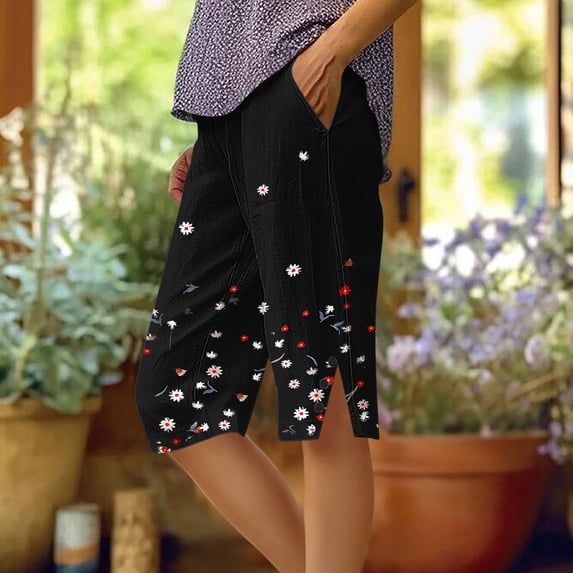 kladzum Women's Cotton Linen Shorts Print Loose Fit Straight Leg Side Buttoned Slits Capri Pants with Pockets for Summer Vacation Outfits S-2XL