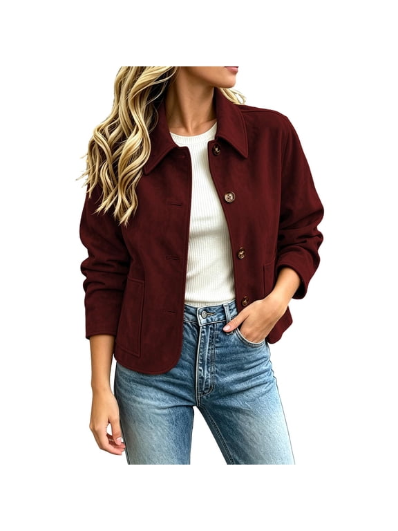 Womens Faux Suede Jacket Button Down Solid Color Fall Winter Pockets Outwear, S-2XL