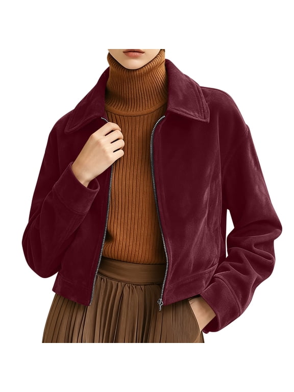 Womens Suede Bomber Jacket Zip up Lapel Collar Fall Winter Outwear, S-2XL