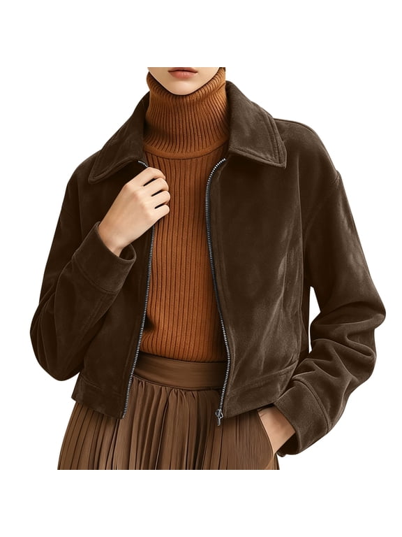 Womens Suede Bomber Jacket Zip up Lapel Collar Fall Winter Outwear, S-2XL