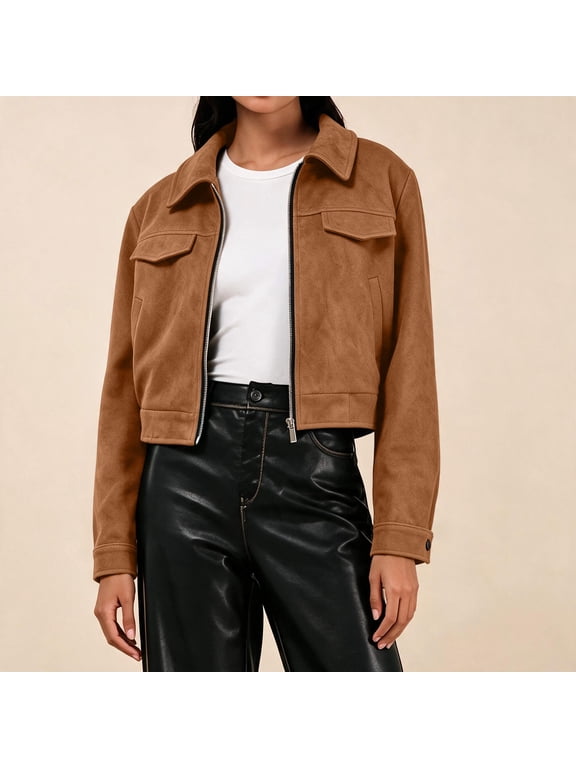 Womens Suede Bomber Jacket Zip up Lapel Collar Fall Winter Outwear, S-2XL