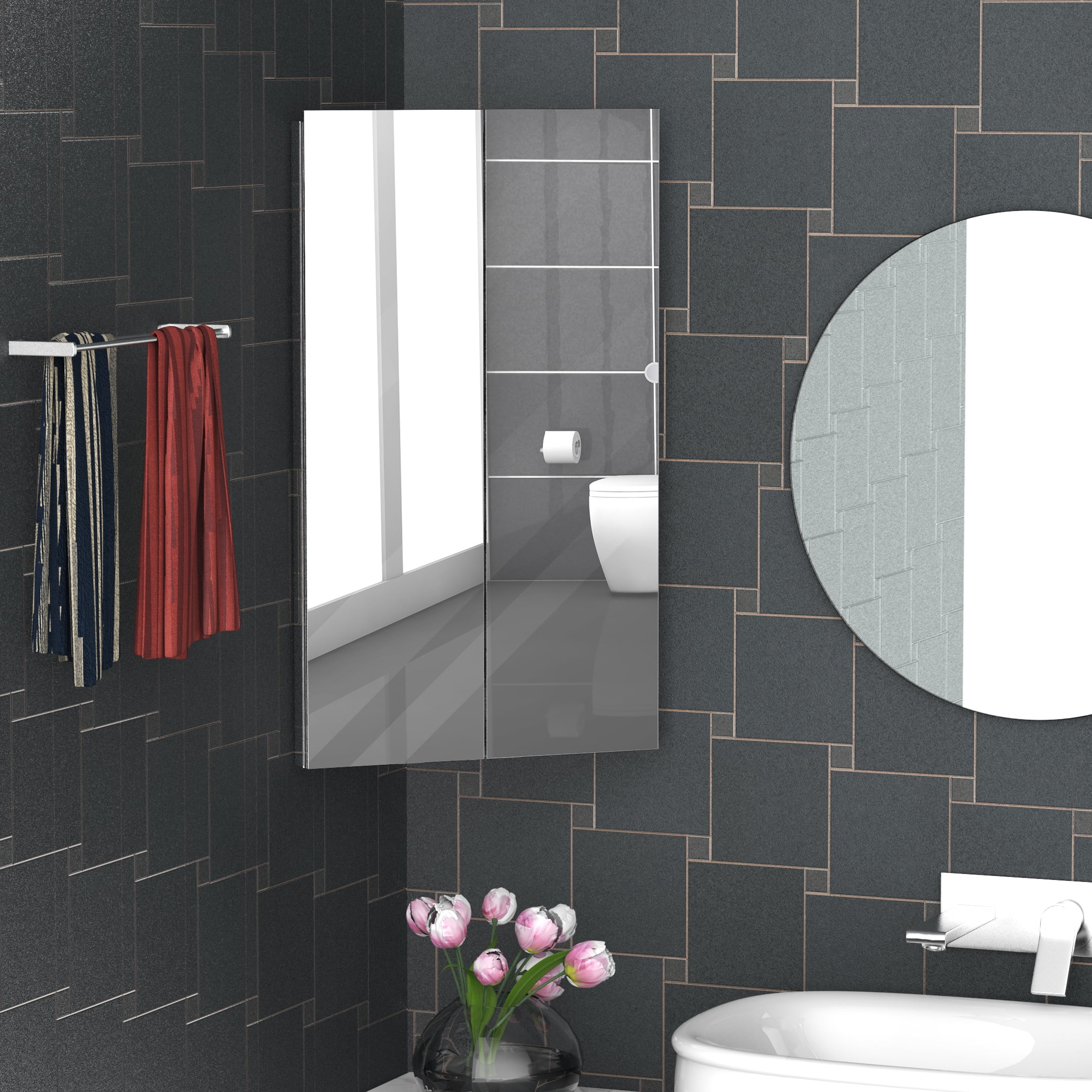 kleankin 30 x 18 x 11 Inch Corner Medicine Cabinet, Wall Mounted Mirror Cabinet with 2 Doors and 3 shelves, Storage Organizer for Bathroom