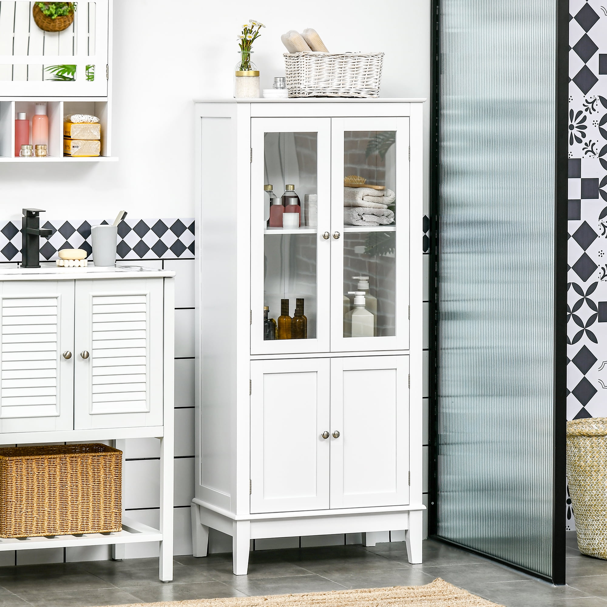 White MDF Bathroom Floor Cabinet with Tempered Glass Doors