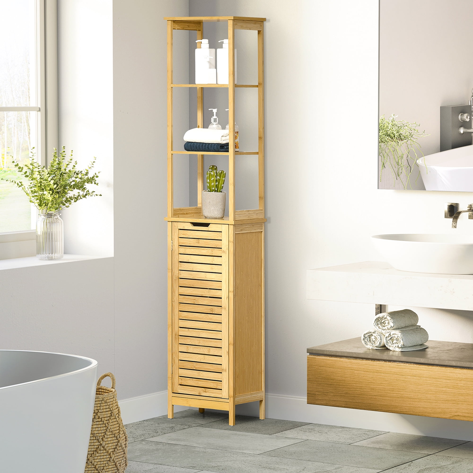 kleankin Bathroom Floor Cabinet with 3 Shelves and Door, Slim and ...