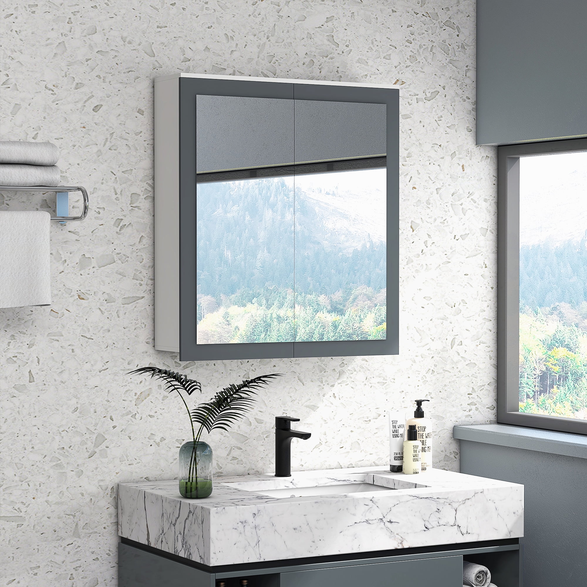 White and Gray MDF Wall Mounted Bathroom Medicine Cabinet with Mirror