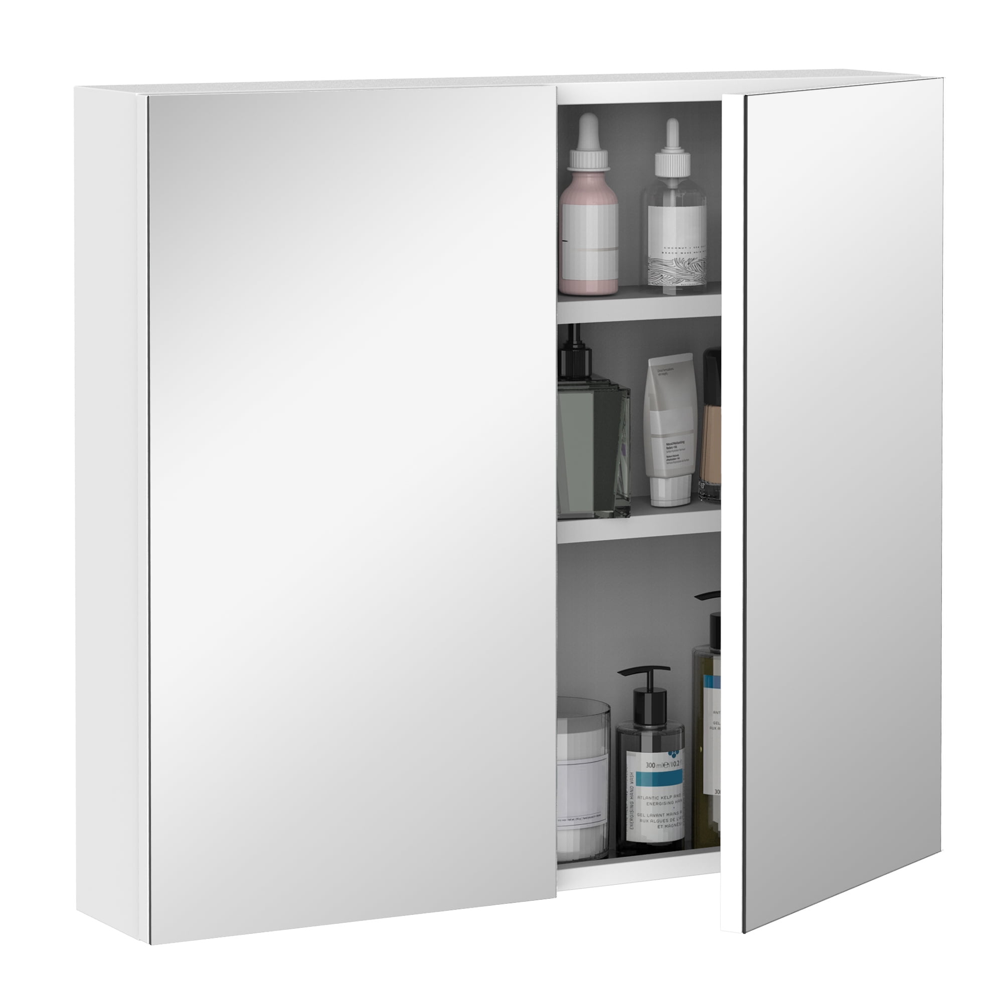 kleankin Bathroom Mirrored Cabinet, 24x22 Steel Frame Medicine Cabinet, Wall-Mounted Storage Organizer with Double Doors, White