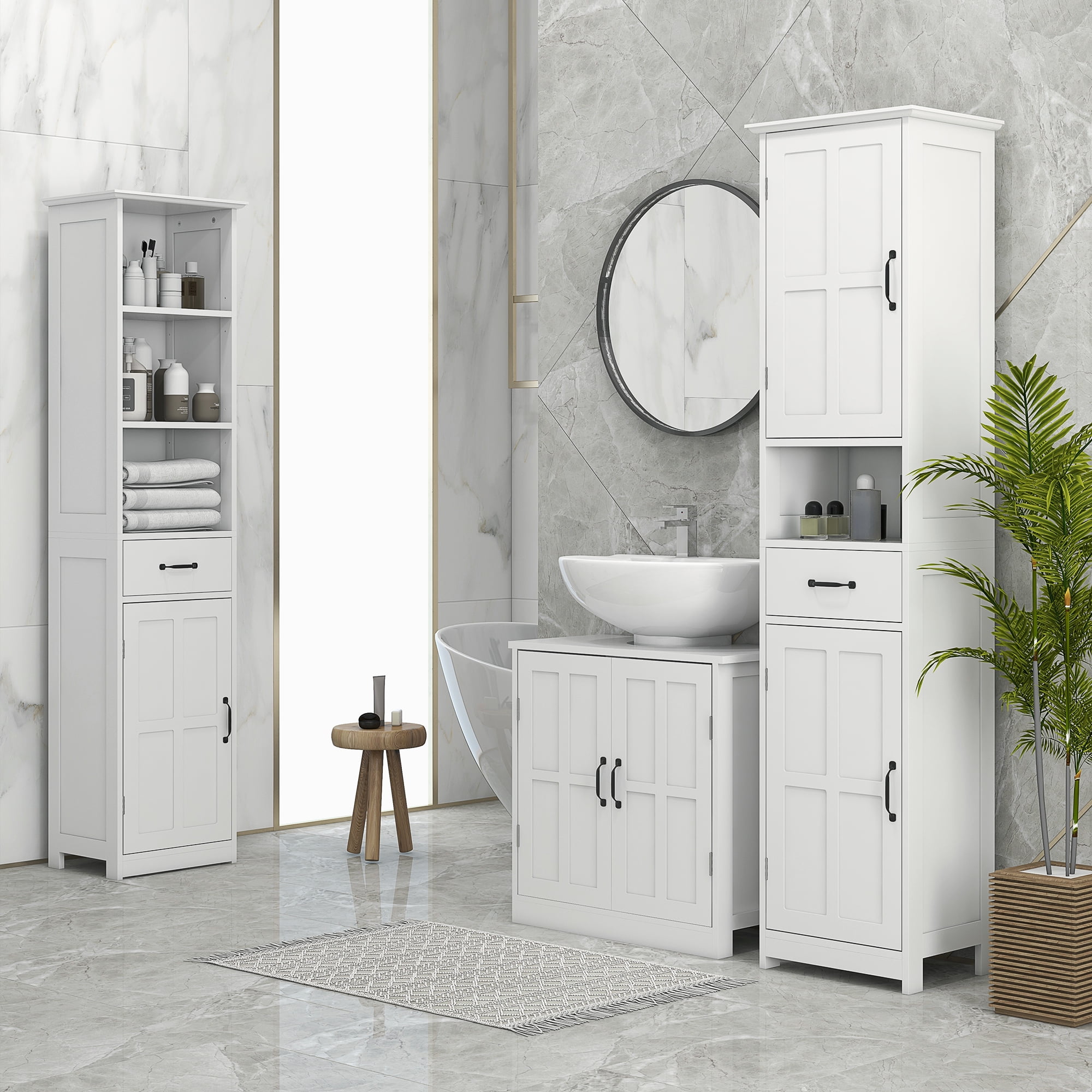 kleankin Slim Bathroom Storage Cabinet Tall Bathroom Cabinet Linen Tower with Open Shelf Drawer Recessed Doors and Adjustable Shelves White