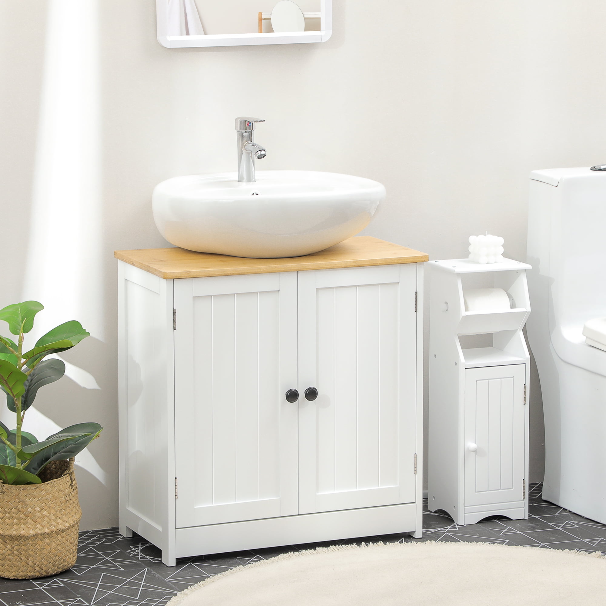 White Double Door Pedestal Sink Cabinet with Adjustable Shelf