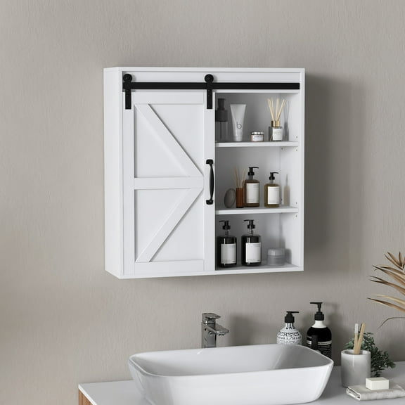 kleankin Farmhouse Bathroom Wall Cabinet, Medicine Cabinet with Sliding Barn Door and Adjustable Shelf, Over the Toilet Cabinet, White