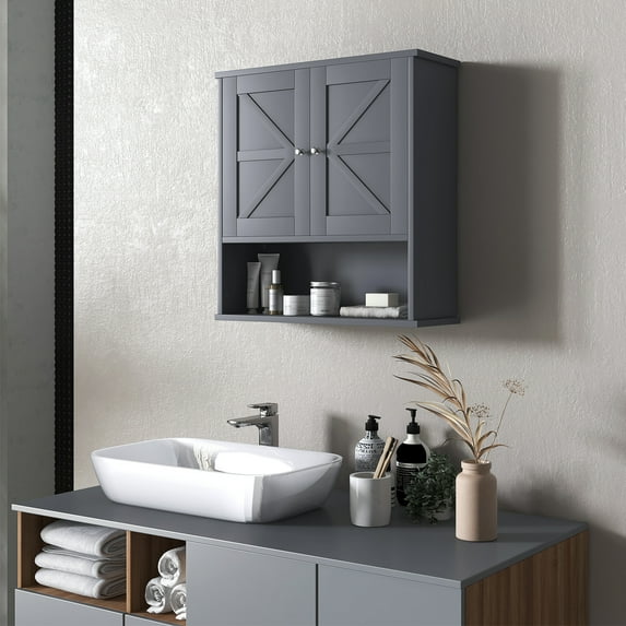 kleankin Farmhouse Bathroom Wall Medicine Cabinet, w/ Open Shelf, Gray