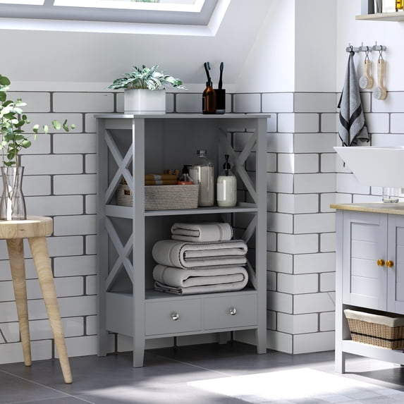 kleankin Floor Bathroom Storage Rack Standing Cabinet with Shelf Drawers, Grey