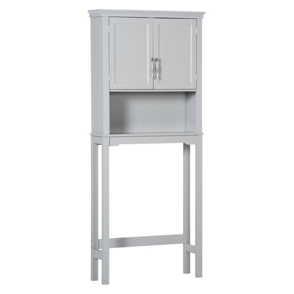 kleankin Modern Over The Toilet Storage Cabinet, Double Door Bathroom Organizer with Inner Adjustable Shelf and Open Shelf, Grey