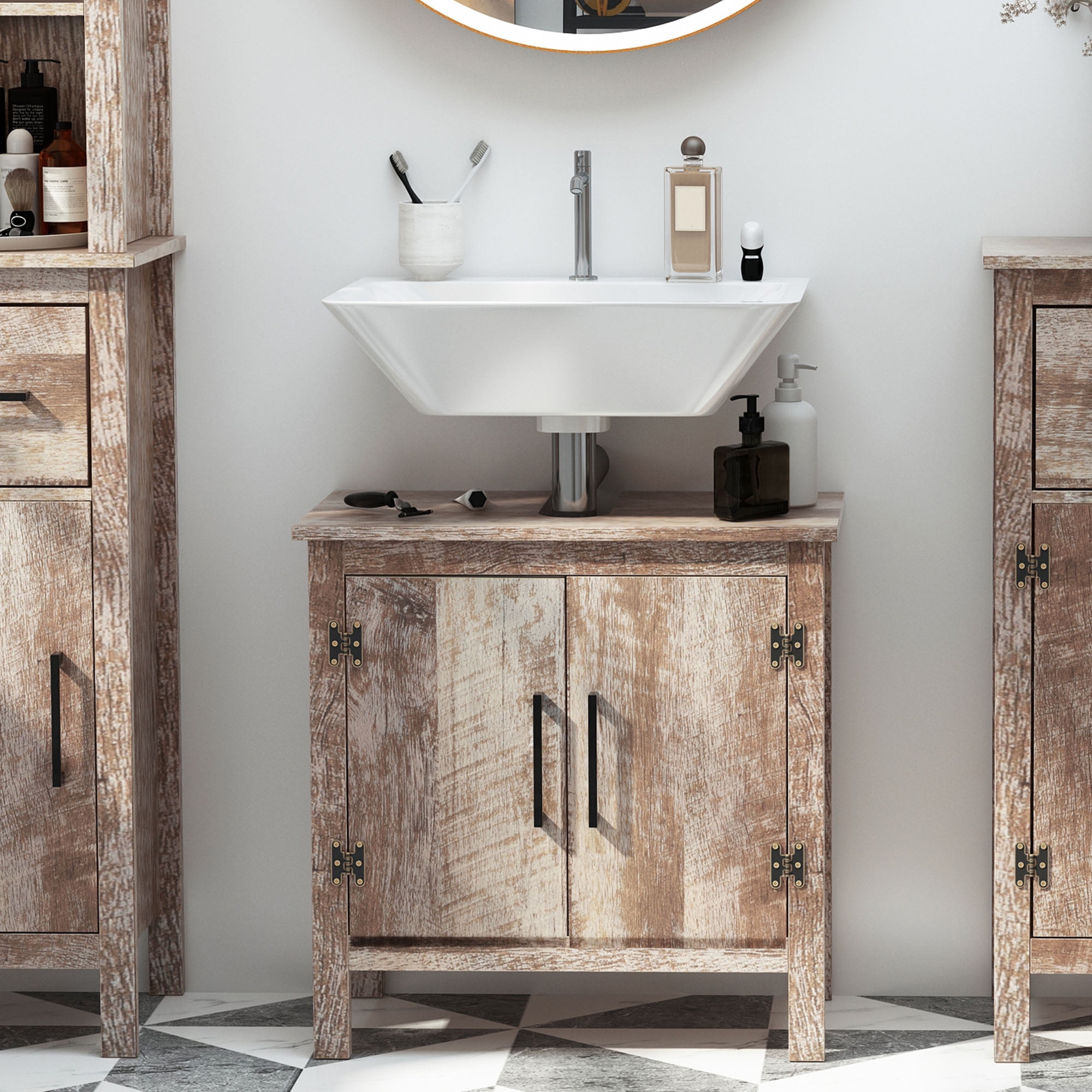 Kleankin Rustic Bathroom Vanity Cabinet, Pedestal Under Sink Storage ...
