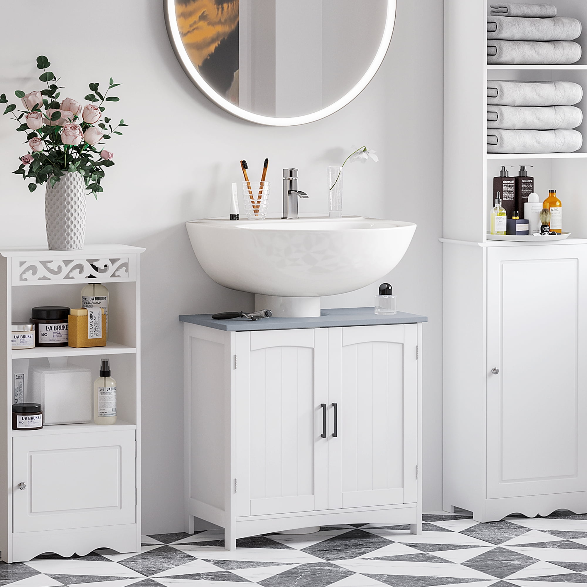 kleankin Pedestal Under Sink Cabinet with Double Doors Modern Bathroom Vanity Unit Storage Cupboard with Adjustable Shelves White